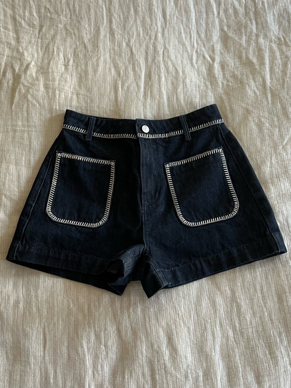 Black Women's High-Rise Dark Denim Shorts with Contrast Stitching